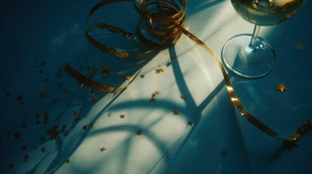A close-up, moody shot of a wine glass on a textured surface, adorned with scattered golden confetti and ribbon, evoking a sense of festive celebration.の素材
