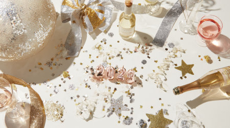 A festive scene with champagne bottles, glasses, balloons, and sparkling confetti, perfect for New Years Eve or special occasions.の素材