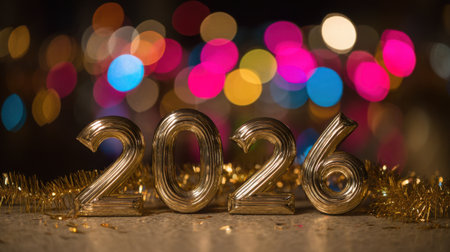 Shiny golden numbers spelling out 2026 sit on a bed of tinsel and confetti, with a blurred background of colorful bokeh lights.の素材
