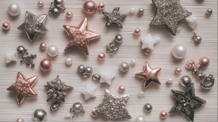 A charming collection of Christmas ornaments and star-shaped decorations in rose gold, silver, and white, artfully arranged on a textured light wood surface.の素材