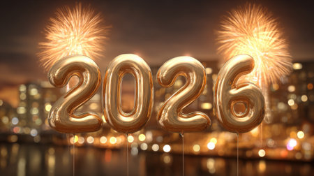 Golden balloons spelling out 2026 float in front of a blurred city skyline with fireworks, celebrating the new year.の素材