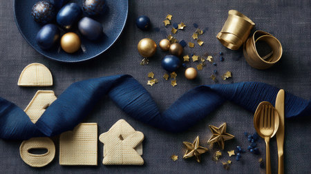 A sophisticated Easter table arrangement featuring navy blue eggs, golden cutlery, star anise, and a rich blue ribbon on a dark textured surface.の素材