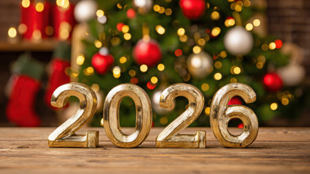 Shiny golden numbers spelling out 2026 are placed on a wooden surface in front of a decorated Christmas tree with bokeh lights.の素材