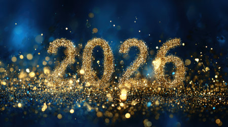 A festive and celebratory image featuring the year 2026 in shimmering golden digits, surrounded by bokeh lights and sparkling particles.の素材