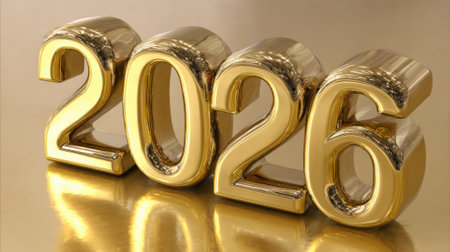 A close-up, high-angle shot of the year 2026 rendered in shiny, golden 3D numbers with a reflective surface.の素材