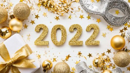 A festive arrangement of golden glittery numbers 2022, surrounded by sparkling confetti, ornaments, and a gift box, symbolizing a joyous New Year.の素材