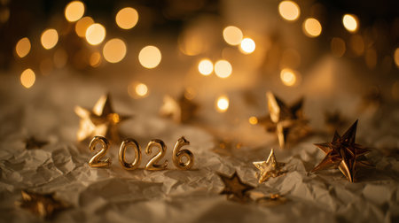 A festive image featuring the numbers 2026 in gold, surrounded by sparkling stars and soft bokeh lights, perfect for New Years Eve.の素材