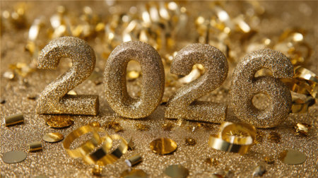 Close-up of glittering gold numbers spelling out 2026, surrounded by sparkling confetti, perfect for New Years celebrations and festive occasions.の素材