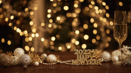 A festive New Years Eve scene with a glass of champagne, decorations, and warm bokeh lights, celebrating the arrival of 2023.の素材