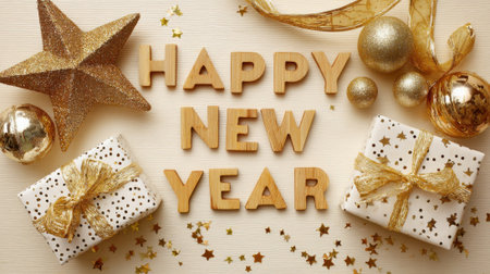 A festive overhead view of Happy New Year text surrounded by sparkling gifts, golden stars, and ornaments, perfect for holiday greetings.の素材