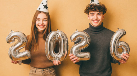 A smiling young couple wearing party hats holds up silver balloons forming the numbers 2026, celebrating the upcoming new year.の素材