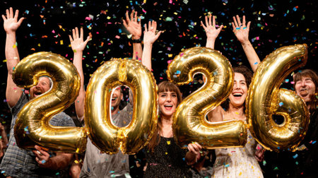 A group of friends joyfully celebrates the New Year, holding large gold balloons shaped like the numbers 2026, with confetti falling around them.の素材