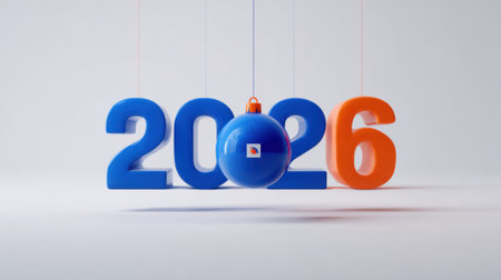 The numbers 2026 are displayed in bold blue and orange, with a blue ornament hanging between the digits.の素材