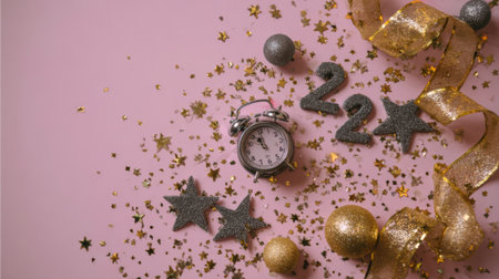 A festive New Years Eve scene with glitter, ornaments, and the numbers 2024, set against a soft pink background, symbolizing the upcoming celebration.の素材