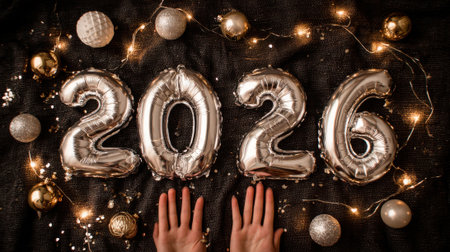 A festive overhead view of silver balloons spelling out 2026, surrounded by warm fairy lights and golden ornaments on a dark background.の素材