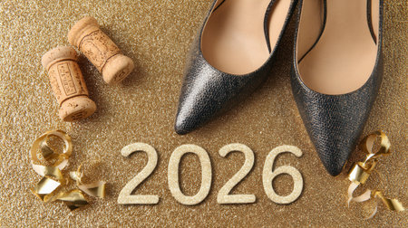 A festive New Years Eve scene with the year 2026, elegant high heels, champagne corks, and golden ribbons on a sparkling background.の素材