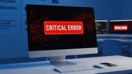 A computer monitor shows a red CRITICAL ERROR message on its screen, set against a blurred background of office technology.の素材
