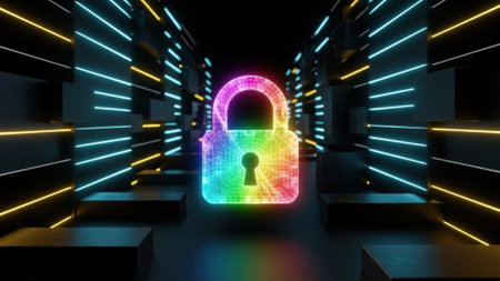 A vibrant rainbow-colored digital lock symbolizes cybersecurity in a futuristic tunnel with neon lights.の素材