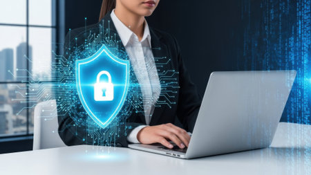 A person in a suit works on a laptop with a futuristic digital shield and lock symbol overlay, representing data security and cyber protection.の素材
