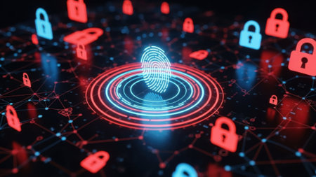 Abstract digital fingerprint scan with glowing red and blue locks and network connections, representing cybersecurity and data protection.の素材