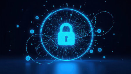 A futuristic digital lock icon glows brightly within a circular network, surrounded by data particles and abstract glowing elements on a dark blue background, symbolizing cybersecurity and data protection.の素材