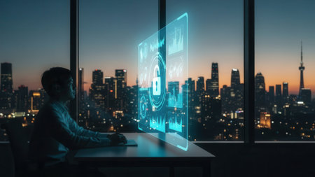 A silhouette of a businesswoman in a modern office, illuminated by a glowing blue holographic display, with a vibrant city skyline visible through the window at twilight.の素材