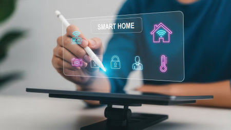 A person uses a stylus to interact with a holographic smart home interface displaying various icons for home automation and control.の素材
