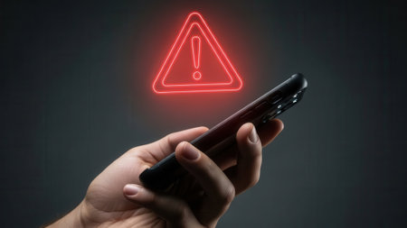 A hand holds a smartphone with a glowing red warning triangle and exclamation mark above it, symbolizing a digital alert or security concern.の素材