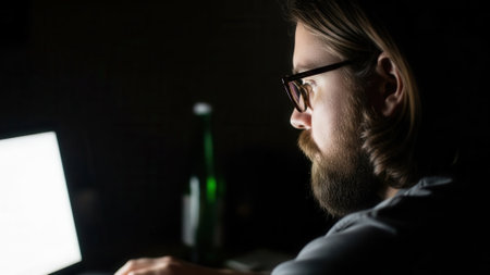 A man wearing glasses is focused on his laptop screen in a dimly lit room. A bottle of drink is visible behind him.の素材