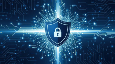 A glowing digital shield with a padlock icon, representing cybersecurity, protection, and data security, set against a futuristic circuit board.の素材