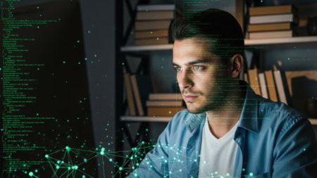 A focused young man in a casual shirt works on a computer in a dimly lit room, with a glowing digital network graphic overlaying the scene.の素材