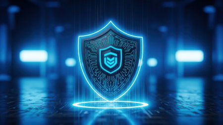 A futuristic digital shield emblem glows with neon blue light against a dark, abstract background with bokeh lights.の素材