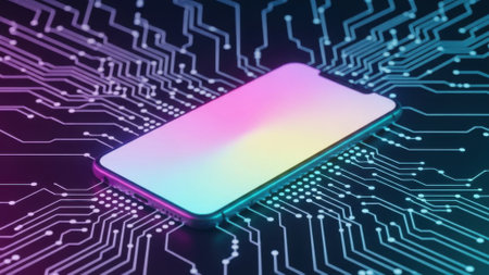 A modern smartphone rests on a vibrant, glowing circuit board, symbolizing the intersection of mobile technology and advanced electronics.の素材