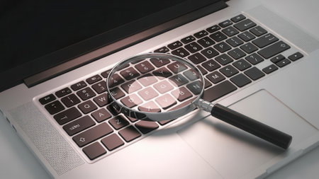 A magnifying glass is placed on a laptop keyboard, highlighting the keys and suggesting concepts of research, data analysis, and digital investigation.の素材