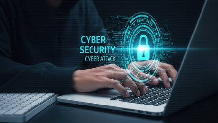 A persons hands typing on a laptop keyboard, with a glowing digital lock symbol and text CYBER SECURITY and CYBER ATTACK in the background, representing data protection and online threats.の素材