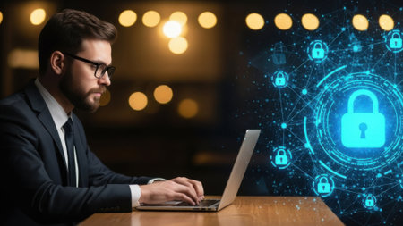 A man in a suit and glasses is typing on a laptop, with a glowing blue digital lock icon and network connections overlayed on the right side of the image.の素材