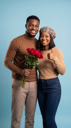 A smiling Black couple poses together, the man holding a bouquet of red roses, against a solid blue backdrop.の素材