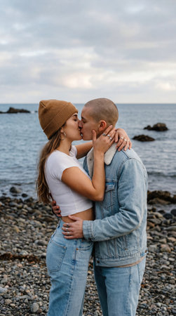 A romantic moment between a young couple sharing a kiss on a secluded beach, with the sea and sky creating a serene backdrop.の素材