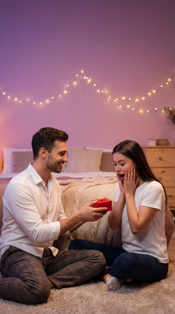 A man kneels and offers a red gift box to a surprised woman in a bedroom decorated with fairy lights.の素材