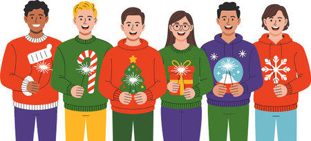 A group of friends joyfully celebrate the holidays, each wearing a unique and festive sweater...