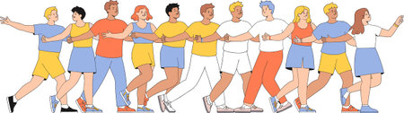 Illustration of a diverse group of people standing together, holding hands, and moving forward.