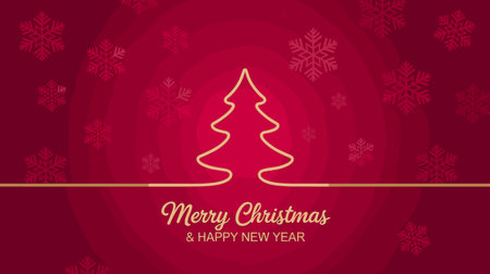 A minimalist Christmas tree outline with a golden line on a rich red background, featuring subtle snowflakes and bokeh effects. Includes a Merry Christmas  Happy New Year message.のイラスト素材