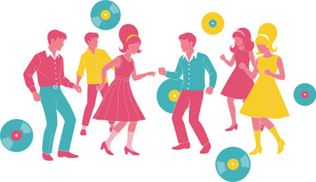 A vibrant illustration of people dancing at a 1960s themed party, complete with retro outfits and floating vinyl records.のイラスト素材