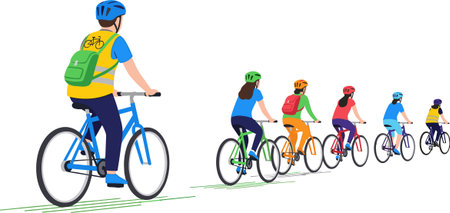 A group of cyclists wearing helmets and backpacks ride bicycles in a line, with one cyclist in the foreground leading the way.のイラスト素材