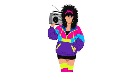 A woman in vibrant 80s attire, complete with a boombox, embodies the retro style and energy of the...