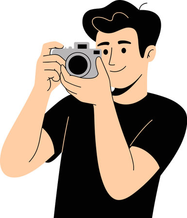 A cheerful man with dark hair and a black t-shirt is holding a camera and smiling, ready to capture...