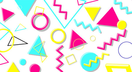 A vibrant and playful Memphis style pattern featuring geometric shapes in bright colors against a...