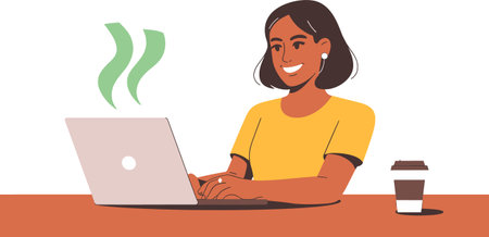 Illustration of a smiling businesswoman or freelancer working remotely. She is using a laptop and...