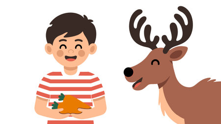 A cheerful boy offers a carrot to a friendly cartoon reindeer, creating a heartwarming and playful scene.のイラスト素材