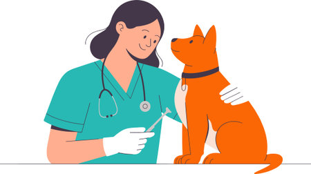 A veterinarian in scrubs and gloves administering a vaccine to a seated orange dog, promoting pet health and preventative care.のイラスト素材